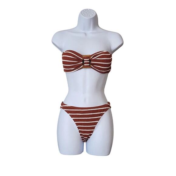 Size S Women's 2 Piece Strapless Swimsuit Striped Bandeau High Waisted Thong - Picture 3 of 9